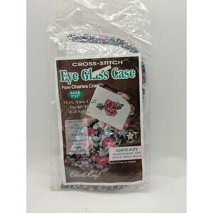 Charles Craft Cross Stitch Eye Glass Case Pink Blue Floral 3" x 7" Sealed